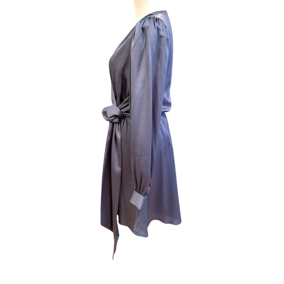 Express Satin Gray Faux Wrap Long Sleeve Tie Mini Dress Cocktail Size Small - Picture 2 of 10